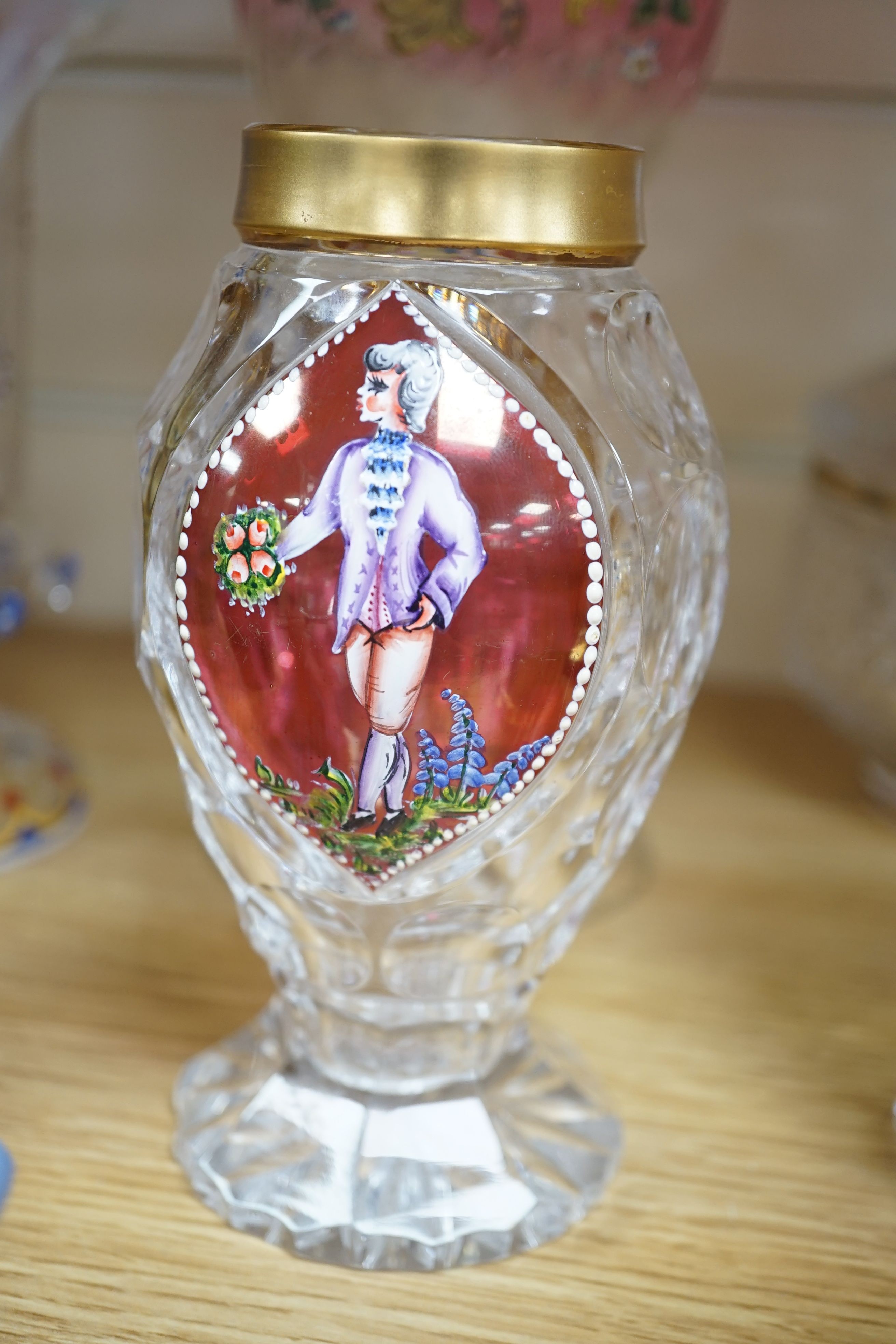 A wheel engraved Bohemian blue and yellow glass goblet, a similar gilded beaker in the manner of Anton Kothgasser, other bohemian cut glass, Moser, an 18th century Dutch soda glass, etc